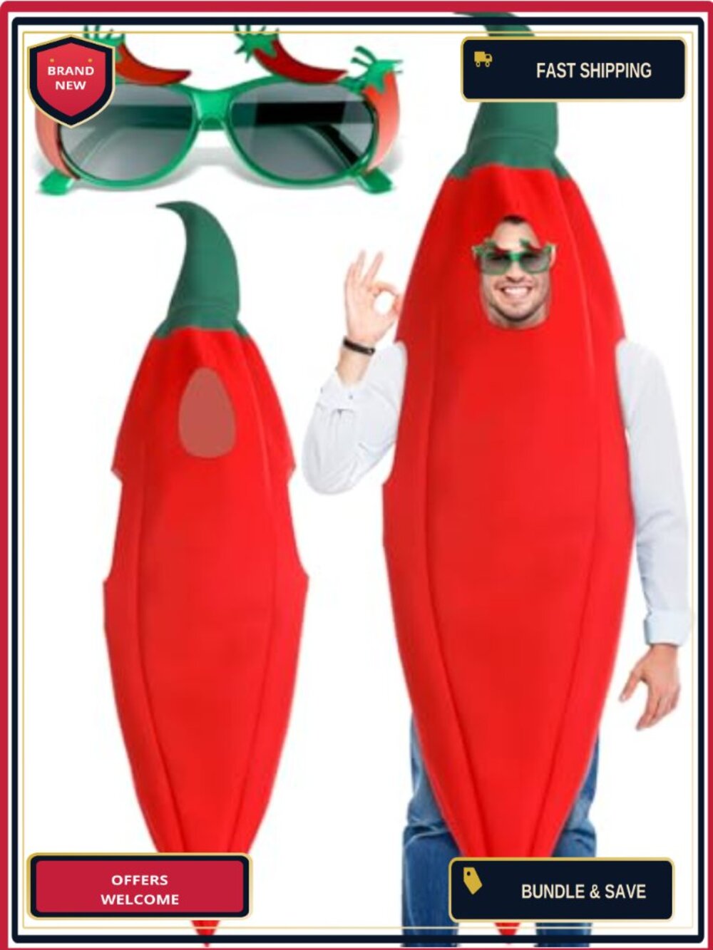 2 Pc Chili Pepper Costume Set with Glasses Adult Halloween Cosplay